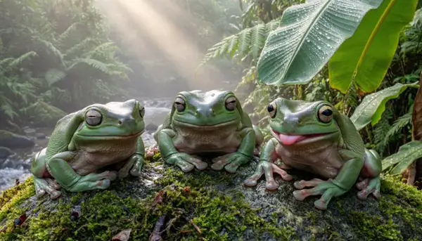 Three frogs on a mossy rock generated by Qwen-Image-2.0