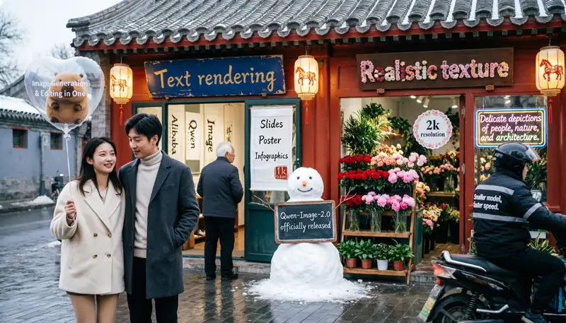 Qwen-Image-2.0 official announcement image showcasing text rendering, 2K resolution, and unified generation capabilities