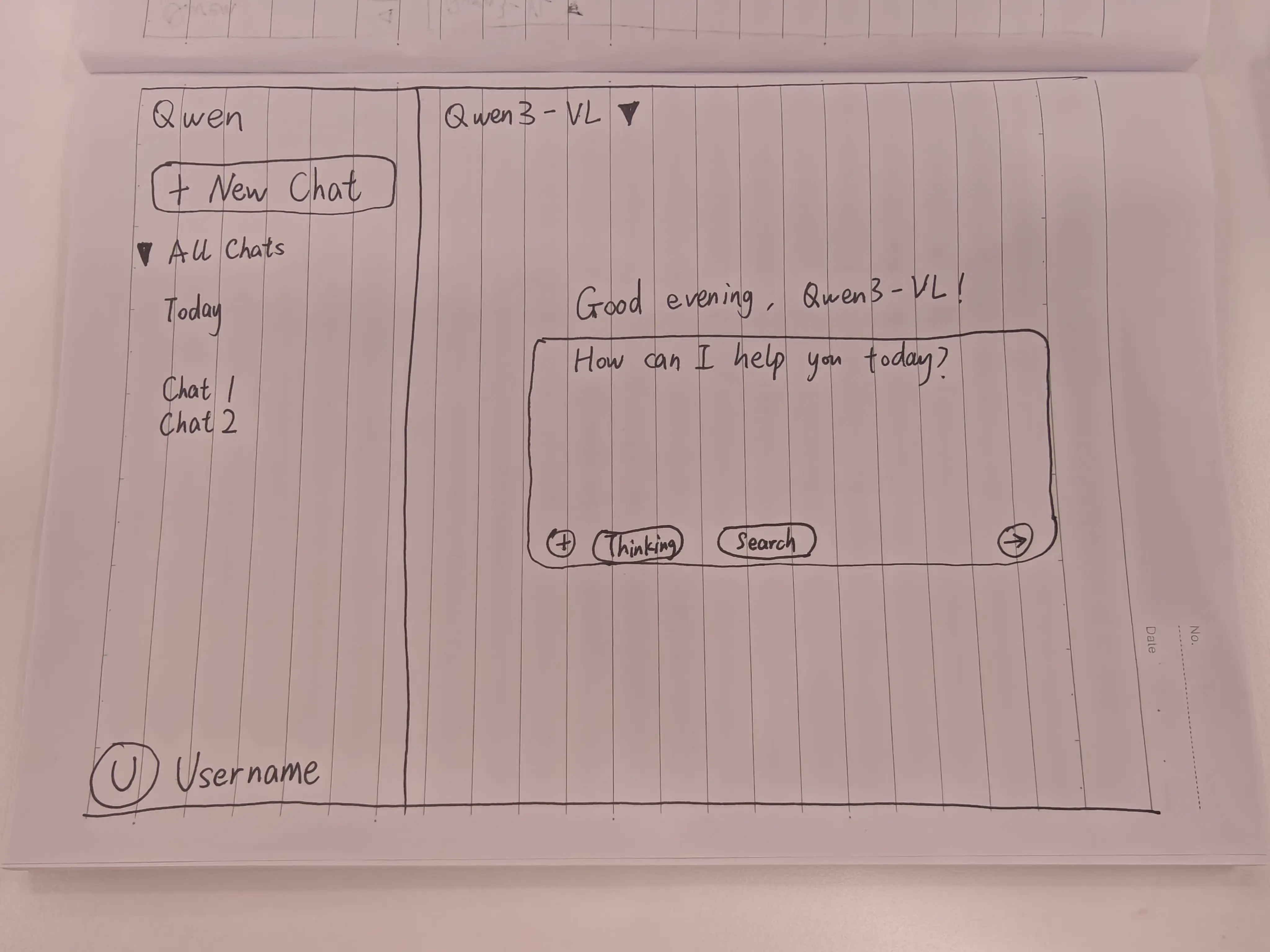 Hand-drawn UI wireframe sketch used as input for Qwen3-VL sketch-to-code demo